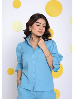 Kaori By Shreya - Sky Blue Relax Collar Formal Linen Shirt