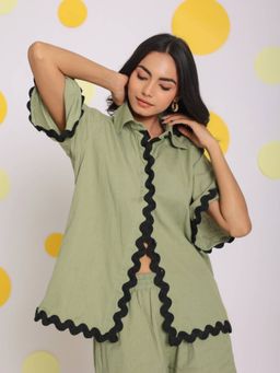 Kaori By Shreya - Green Buttoned Relax Collar Linen Shirt