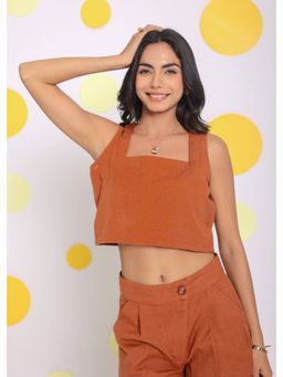 Kaori By Shreya - Solid Orange Relax Casual Crop Linen Top
