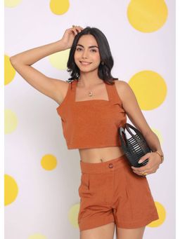 Kaori By Shreya - Orange Crop Top Shorts Linen (Set of 2)