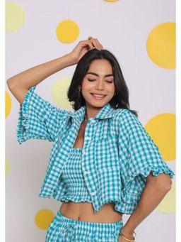 Kaori By Shreya - White and Aqua Blue Collar Crop Shirt