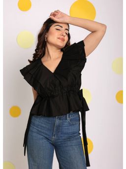 Kaori By Shreya - Solid Black Frilled Cotton Tunic Top