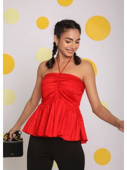 Kaori By Shreya - Solid Red Halter Neck Cotton Peplum Top