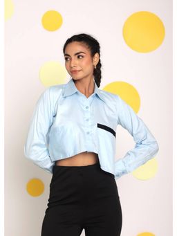 Kaori By Shreya - Solid Ice Blue Button Cotton Crop Shirt