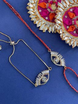 Digital Dress Room - Ad Evil Eye Charms Designer Gold Bracelet & Rakhi for Bhabhi-Brother (Pack of 2)