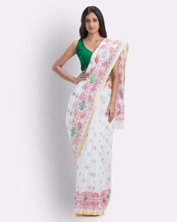Angoshobha - White Handloom Printed Cotton Blend Saree with Unstitched