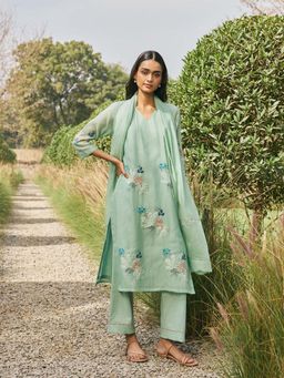 Vaayu - Mint Green Floral Kurta with Pant and Dupatta (Set of 3)