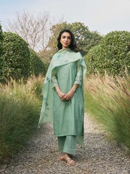 Vaayu - Green Mint Floral Embroidered Kurta with Pant and Dupatta (Set of 3)