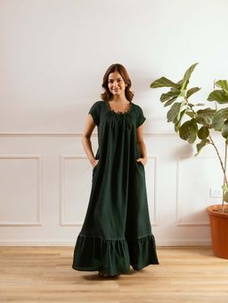 FEATHERS CLOSET - Emerald Green Flared Soft Crepe Nightdress