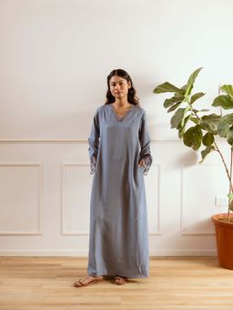 FEATHERS CLOSET - Pegion Blue Soft Crepe V-Neck Nightdress
