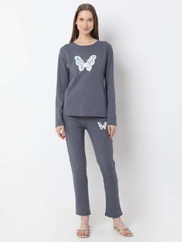 Smarty Pants - Womens Butterfly Print Grey Full Sleeves Night Suit (Set of 2)