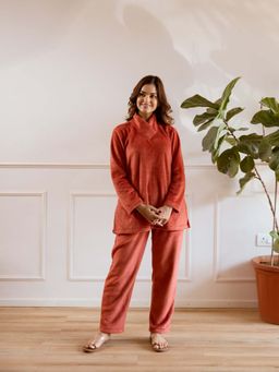 FEATHERS CLOSET - Cross Neck Super Soft Rust Top with Pant (Set of 2)