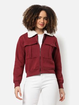 Campus Sutra - Womens Maroon Solid Cotton Jacket