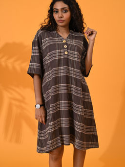 Maba India - Cotton Brown Mandarin Collar Dress