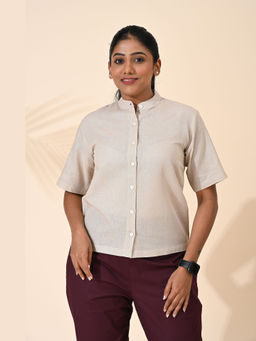 Maba India - Women Beige Linen Cotton Mandarin Collar Cropped Shirt