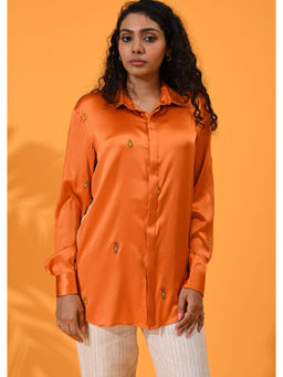 Maba India - Women Orange Floral Embroidery Satin Silk Shirt