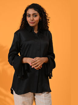 Maba India - Women Black Satin Silk Poet Sleeve Shirt