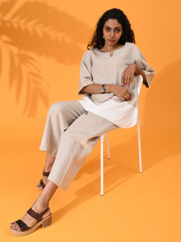 Maba India - Female Linen Beige Solid Top with Pant