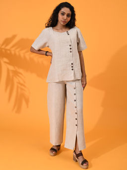 Maba India - Female Linen Beige Solid Top with Pant