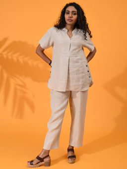 Maba India - Female Linen Beige Solid Top with Pant