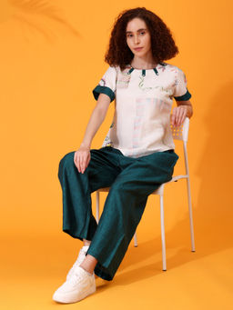Maba India - Green Hand-Painted Linen Top with Pant