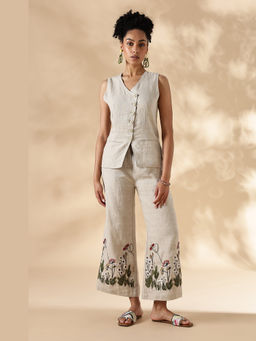 Maba India - Linen Beige Embroidered Pant and Top