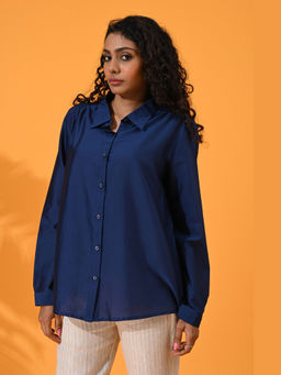 Maba India - Women Blue Cotton Slik Long Sleeve Shirt