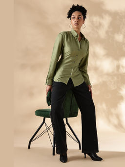 Maba India - Women Fitted Cotton Silk Green Shirt