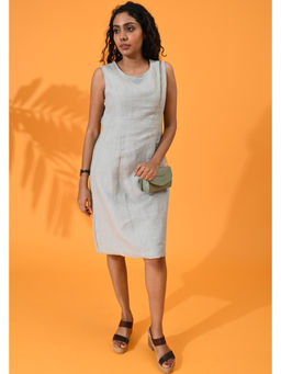 Maba India - Linen Blue Sleeveless Knee Length Dress