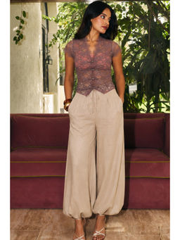 Old Marigold - Women Ajmer Polyester Beige Solid Pant