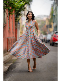 NUCHIC - Women Mutli Colour Floral Hand-Block Print Cotton Midi Dress