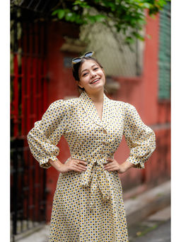 NUCHIC - Women Beige Polka Dot Hand-Block Print Cotton A-Line Midi Dress