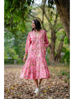 NUCHIC - Women Pink Floral Hand-Block Print Cotton Midi Dress