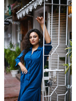 NUCHIC - Women Solid Blue Linen Shirt-Collar Midi Dress