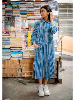 NUCHIC - Women Blue Dabu Hand-Block Print Cotton Shirt-Collar Midi Dress