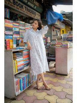 NUCHIC - Women White Hand-Block Print Cotton Shirt-Collar Midi Dress