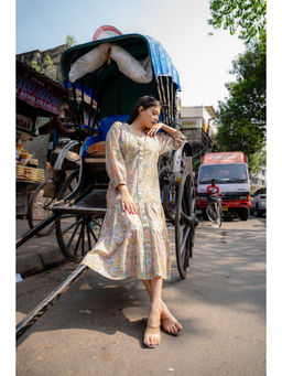 NUCHIC - Women Multi Colour Floral Hand-Block Print Fit and Flare Cotton Midi Dress