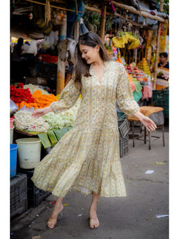 NUCHIC - Women Mehndi Green Hand-Block Print Cotton Fit and Flare Midi Dress