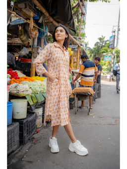 NUCHIC - Women Orange Hand-Block Print Anti-Fit Cotton Shirt-Collar Midi Dress