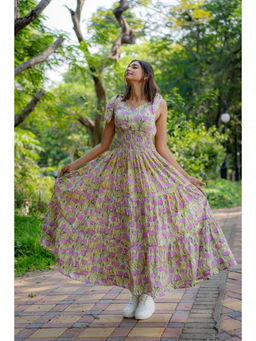 NUCHIC - Women Multi Colour Floral Hand-Block Print Cotton Fit and Flare Maxi Dress