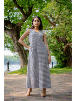 NUCHIC - Women Grey Striped Hand-Block Print Cotton A-Line Maxi Dress
