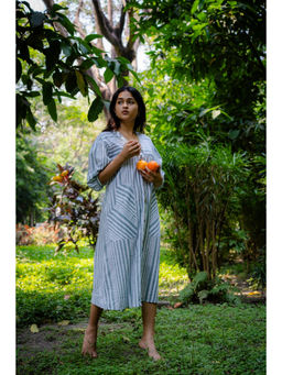 NUCHIC - Women Grey Striped Hand-Block Print Cotton A-Line Midi Dress