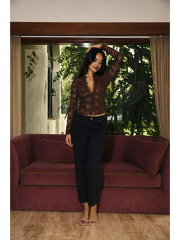Old Marigold - Women Lace Brown Full Sleeves Top