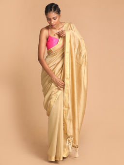 Indethnic - Banarasi Beige Solid Work Wear Saree With Unstitched Blouse