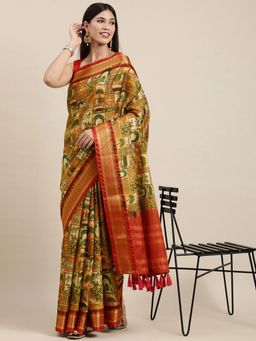 Vastranand - Mustard Yellow & Green Kalamkari Print Uppada Saree with Unstitched Blouse