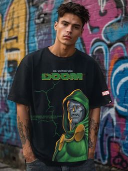 Bewakoof - Official Marvel Men's Jet Black Doom Graphic Printed Oversized T-shirt