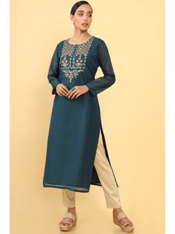 Soch - Women Teal Chanderi Embroidered Kurta