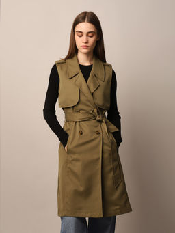 ONLY - Women Regular Fit Olive Overcoat with Belt (Set of 2)