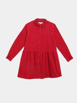 Tommy Hilfiger - Girls Red Cotton Spread Collar A-Line Dress