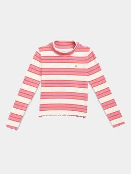 Tommy Hilfiger - Girls Pink Striped Slim Fit Cotton T-shirt